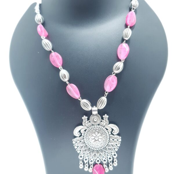 Silver Necklace with Pink Beads and Peacock Pendant