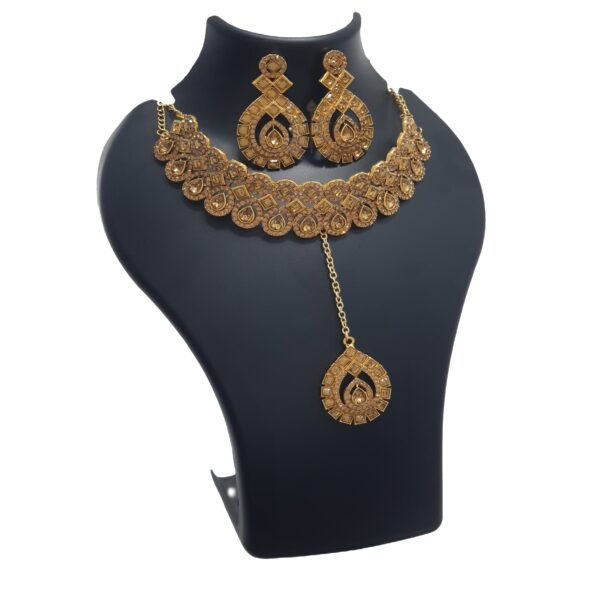 Women's Gold-Toned Necklace and Earring Set with Maang Tikka Kundan work