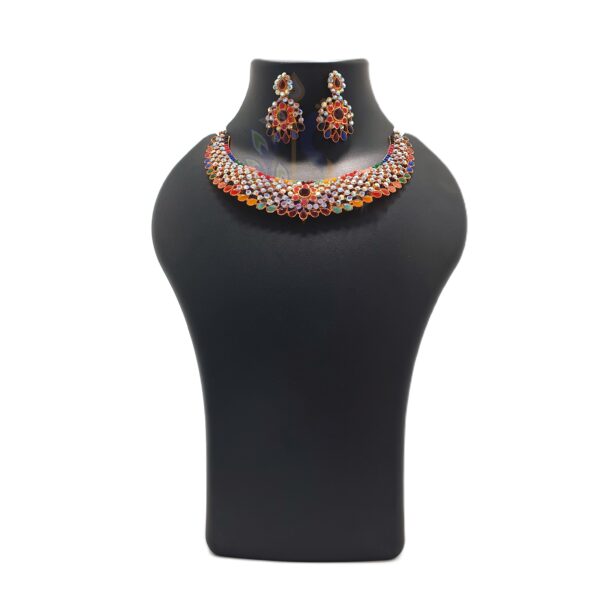 Gold Plated Multicolor Stone Crystal Necklace & Earrings Set