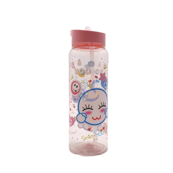 Clear Water Bottle With A Pink lid And A Straw