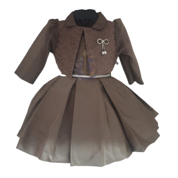 Elegant Girls Brown Brocade Dress with Jacket & Brooch Set