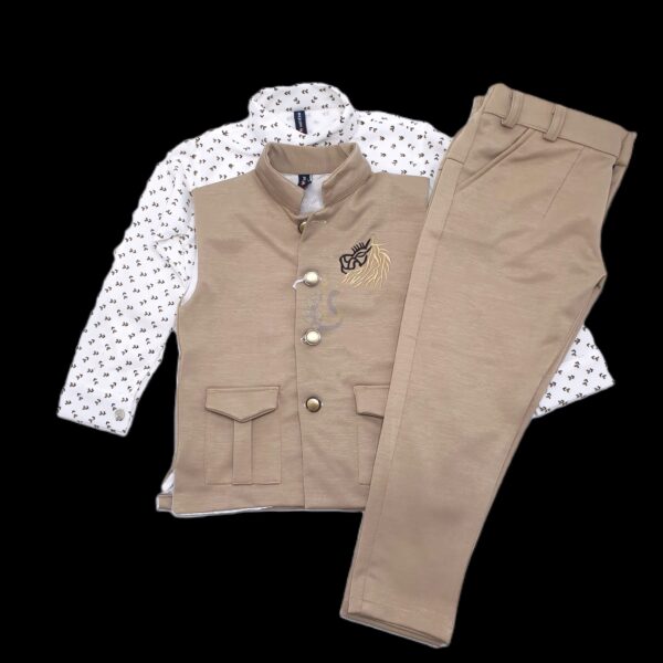 Boys' Festive Khaki Vest Suit with Floral Shirt