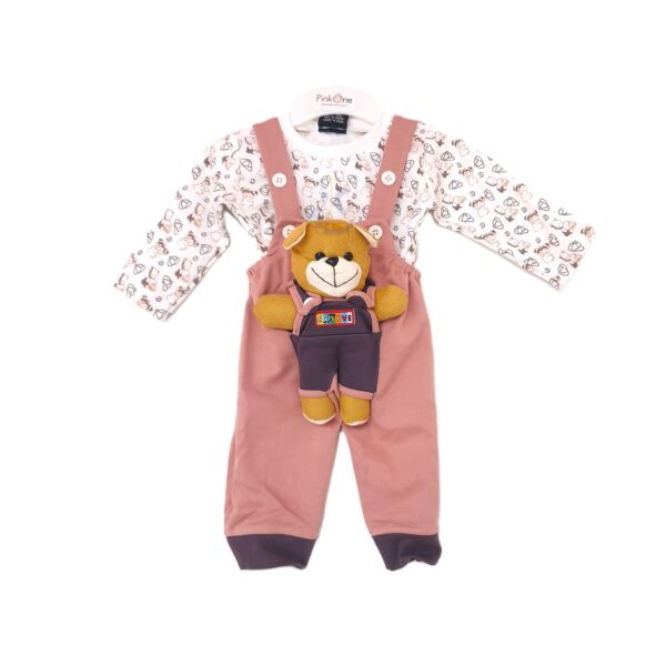 Baby's Teddy Bear Print Dungaree Set with Long-Sleeve T-Shirt