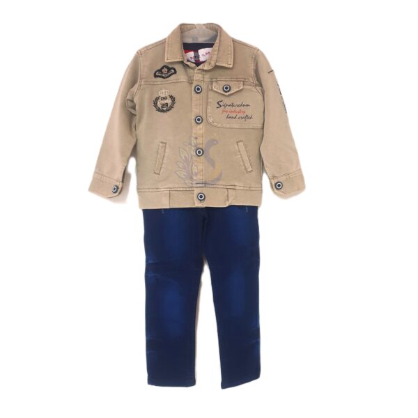 Boys Casual Khaki Jacket With Tshirt and Blue Jeans Outfit Set