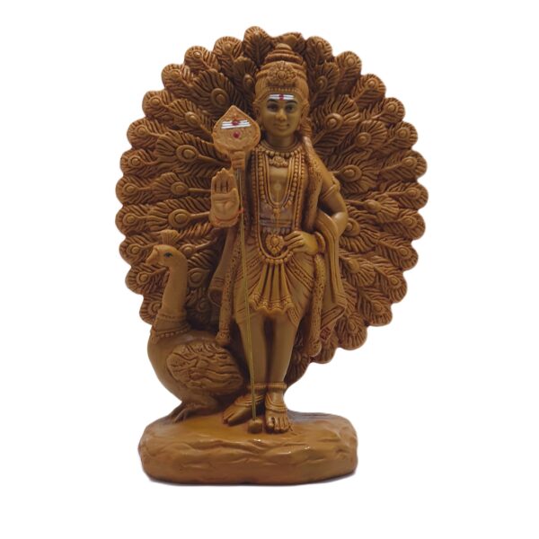 Handcrafted Wooden Lord Murugan Statue with Peacock and Vel
