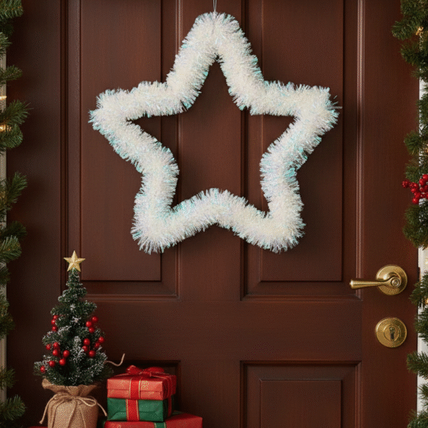 Fluffy White Tinsel Star Christmas Wreath Decoration