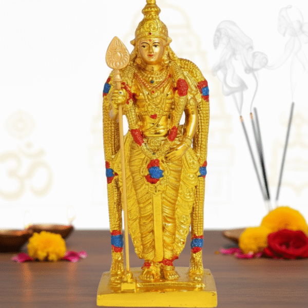 Exquisite Gold Plated Lord Murugan (Karthikeya) Brass Statue with Vel - Pooja & Temple Idol
