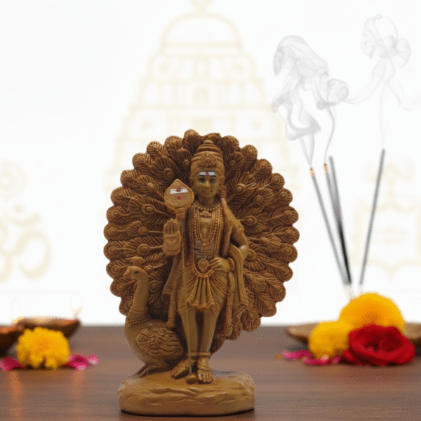 Handcrafted Wooden Color Lord Murugan Statue with Prabhavali & Peacock Vahana (Kanda/Skanda Sculpture)