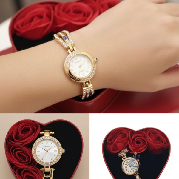 Romantic Golden Women's Watch Gift Set with Rose Heart Box