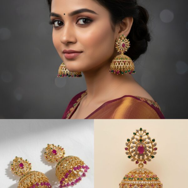 Traditional Gold Plated Kemp Stone Jhumka Earrings with Pearl Drops