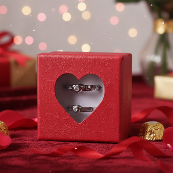 "LOVE" Engraved Adjustable Couple Rings (Set of 2) with Heart Box